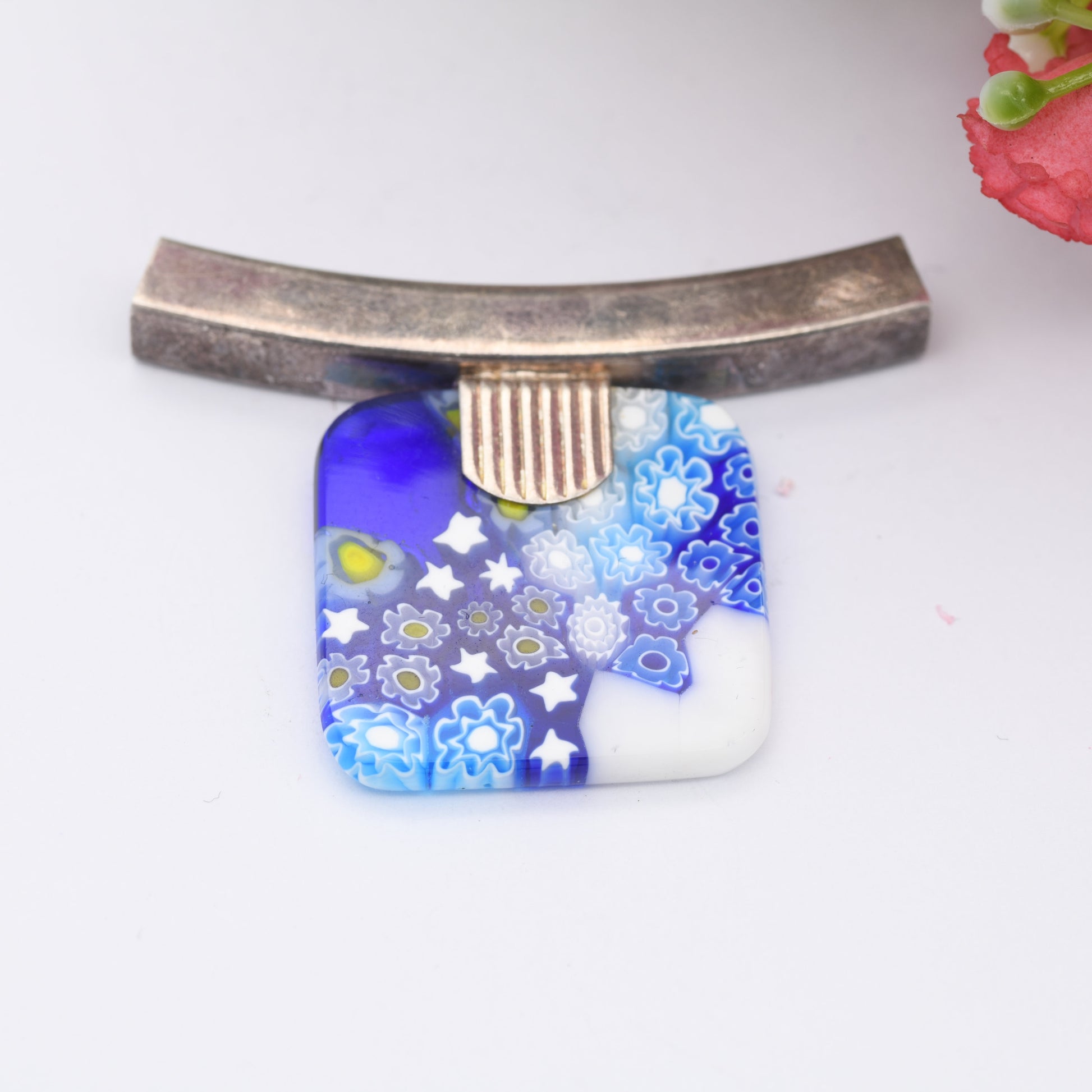 Sterling Silver Murano Glass Millefiori Flower Pendant - Made in Italy | Blue Square Pendant