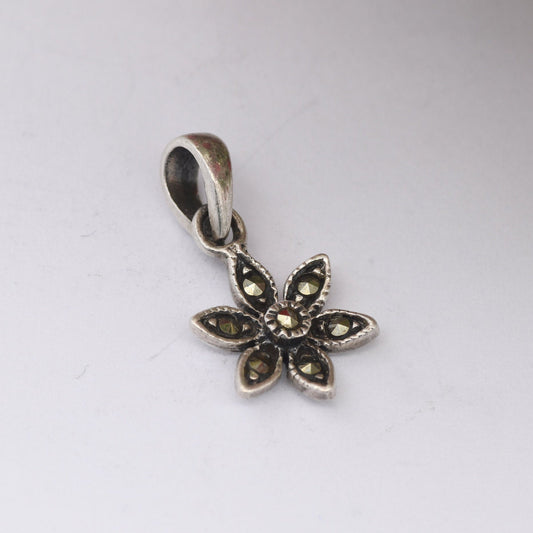 Vintage Sterling Silver Marcasite Flower Charm Pendant - Small Sparkly Flower Open Petals