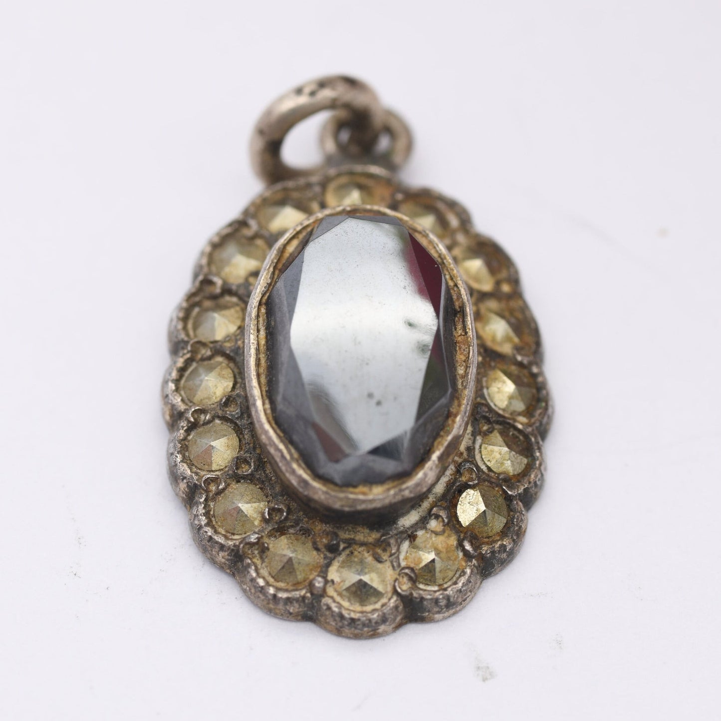 Vintage Sterling Silver Hematite Marcasite Halo Pendant