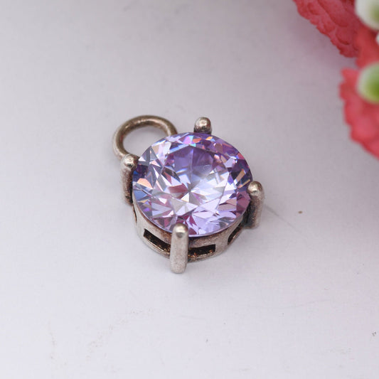 Sterling Silver Purple Cubic Zirconia Charm Pendant - Large Sparkly Stone