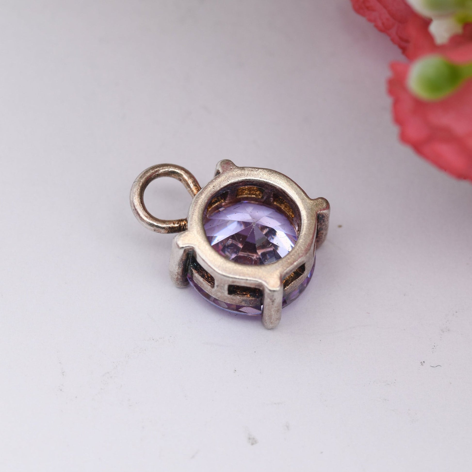 Sterling Silver Purple Cubic Zirconia Charm Pendant - Large Sparkly Stone