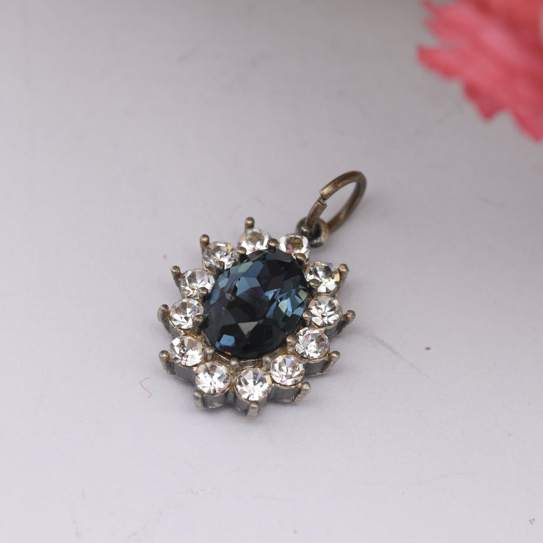 Vintage Sterling Silver Sparkly Blue and Clear Stone Halo Pendant