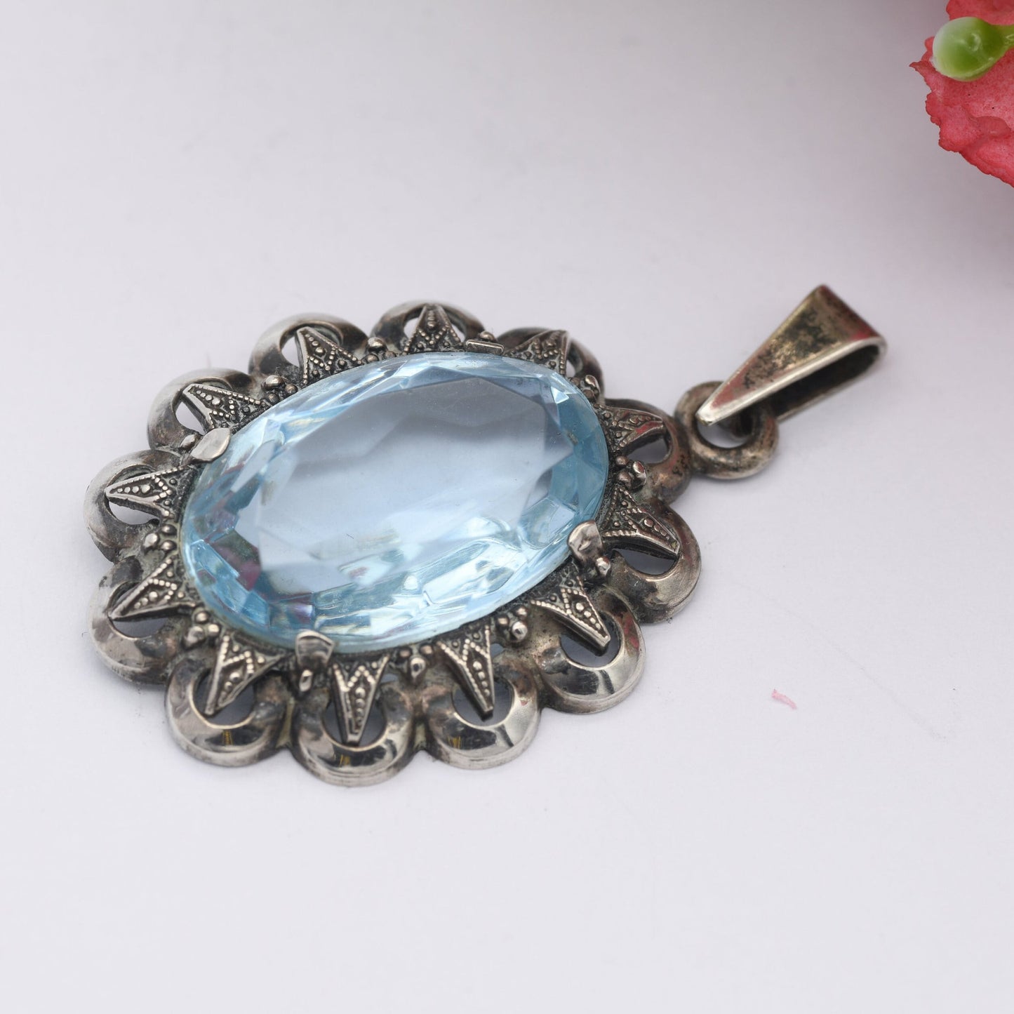 Antique European Silver Pendant with Large Blue Stone