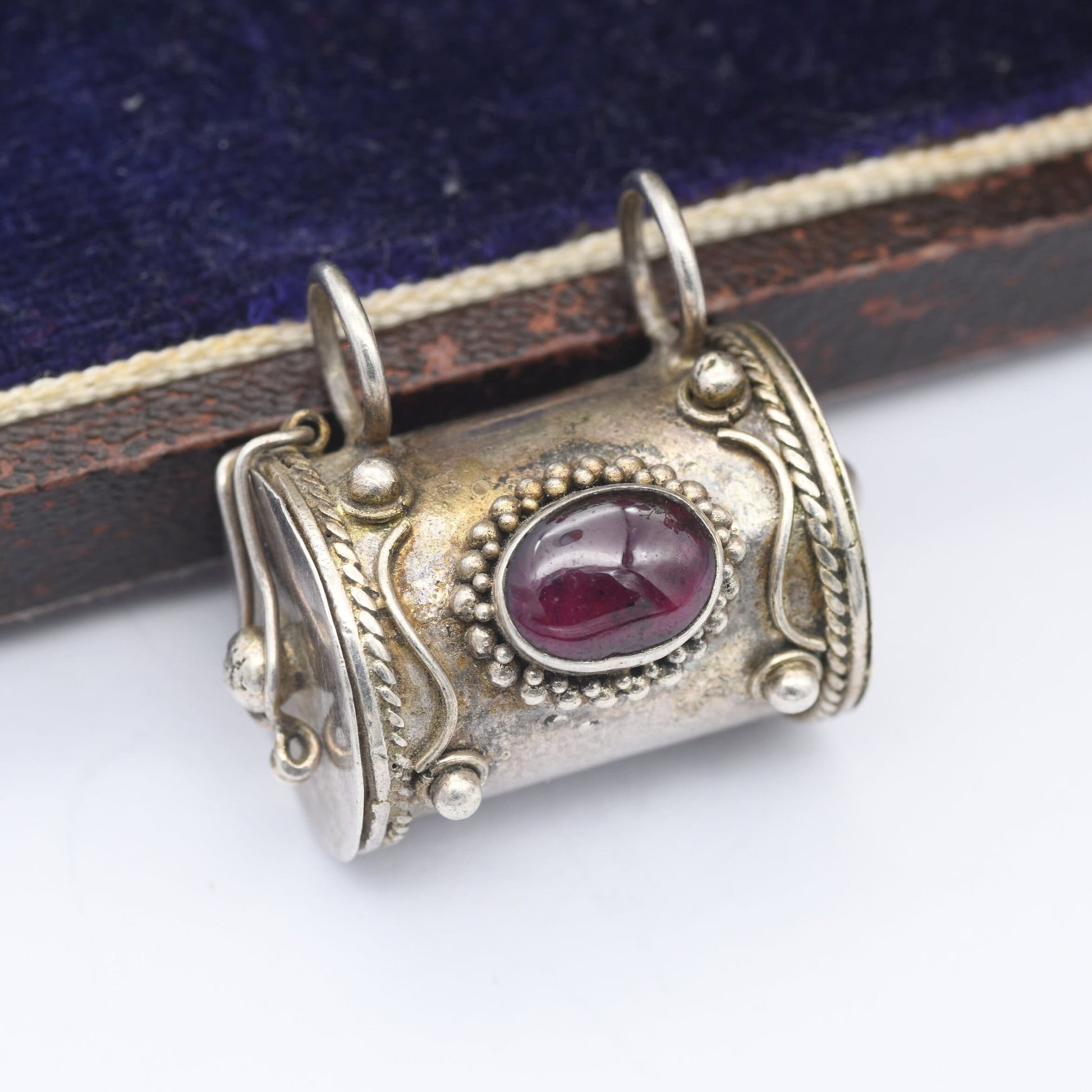 Vintage Sterling Silver Opening Mantra Box Pendant Cylindrical with Garnet Gemstone