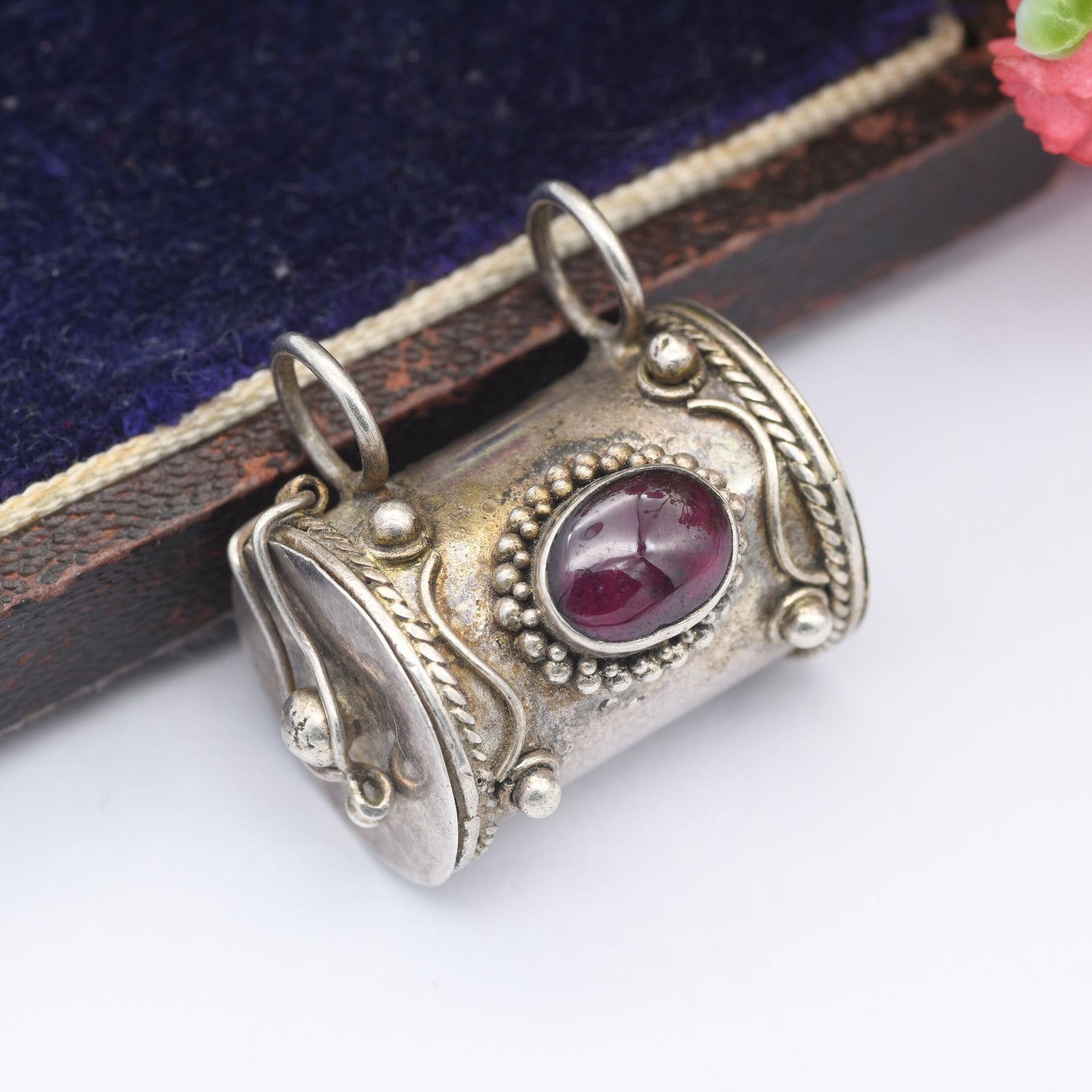 Vintage Sterling Silver Opening Mantra Box Pendant Cylindrical with Garnet Gemstone