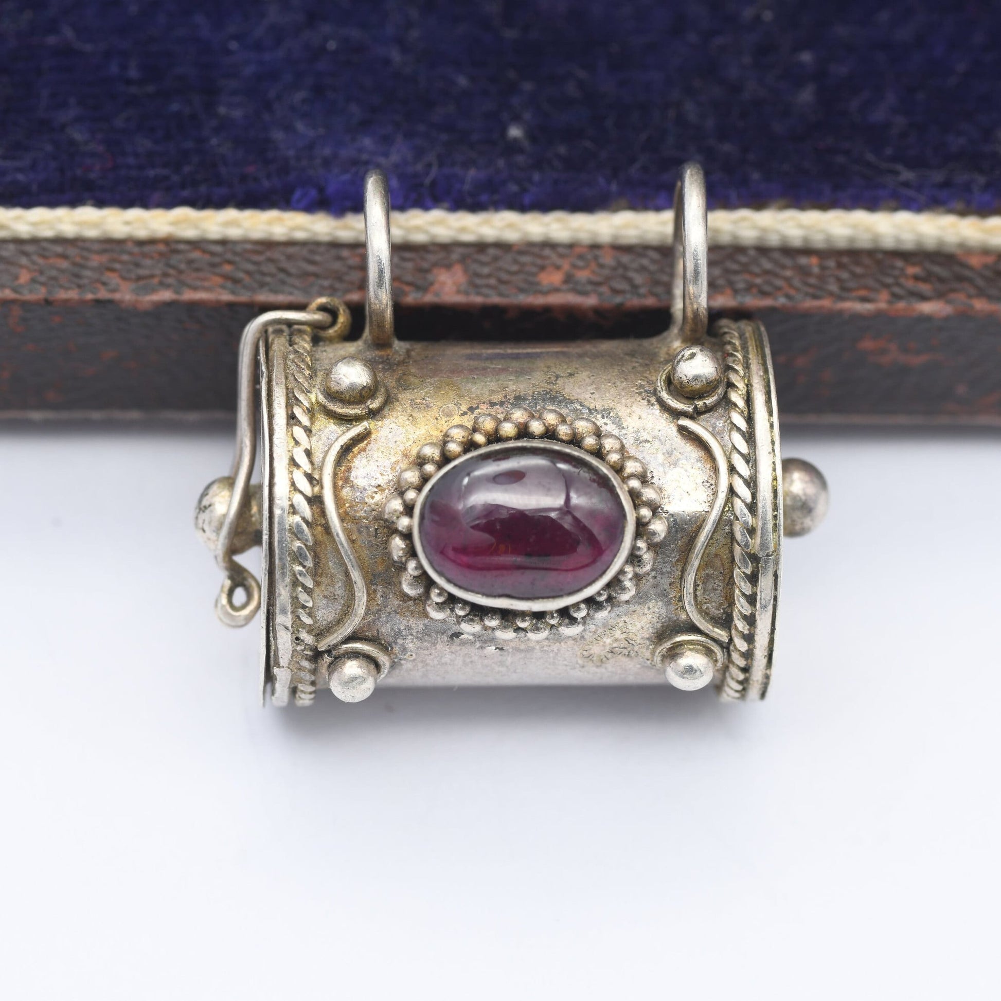 Vintage Sterling Silver Opening Mantra Box Pendant Cylindrical with Garnet Gemstone