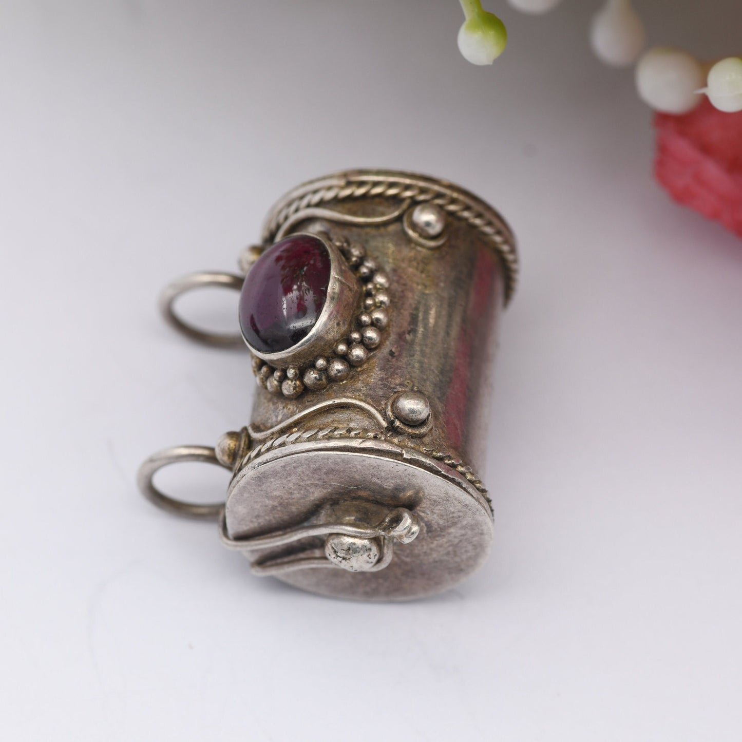 Vintage Sterling Silver Opening Mantra Box Pendant Cylindrical with Garnet Gemstone