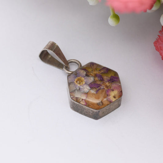 Sterling Silver Dried Flower Pendant - Real Flowers | Hexagonal Shape