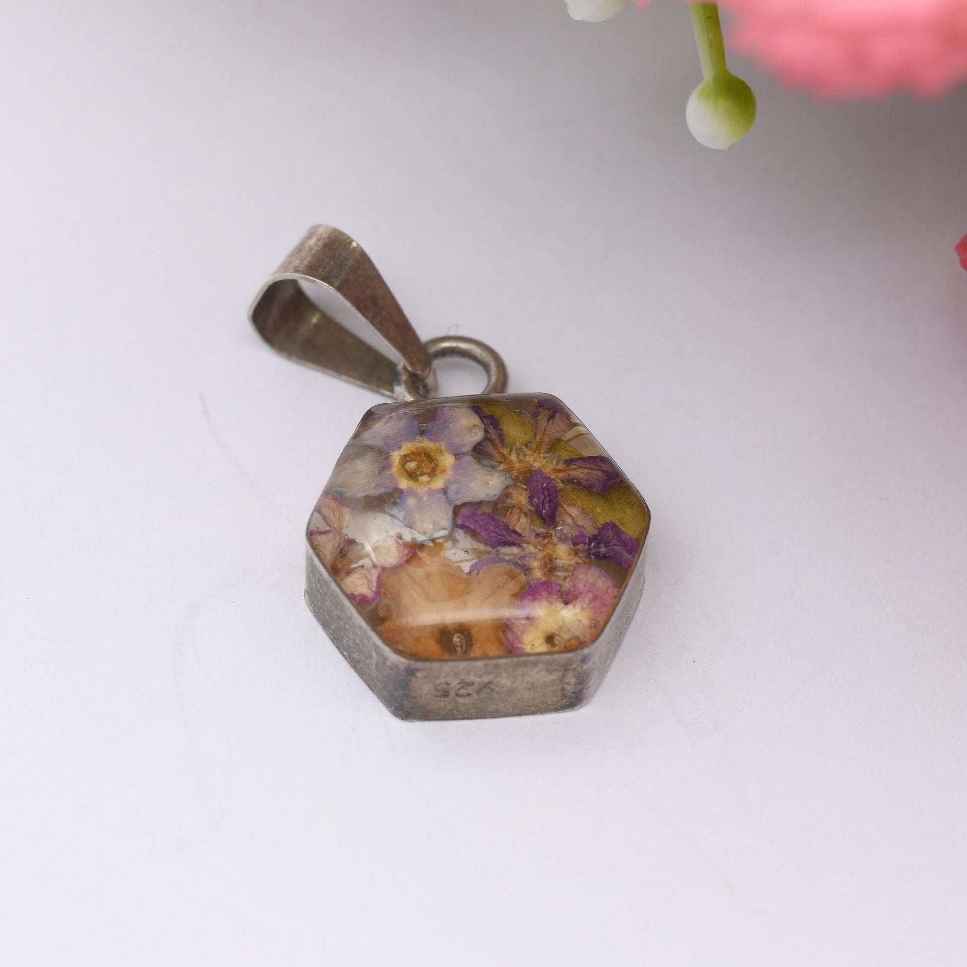 Sterling Silver Dried Flower Pendant - Real Flowers | Hexagonal Shape