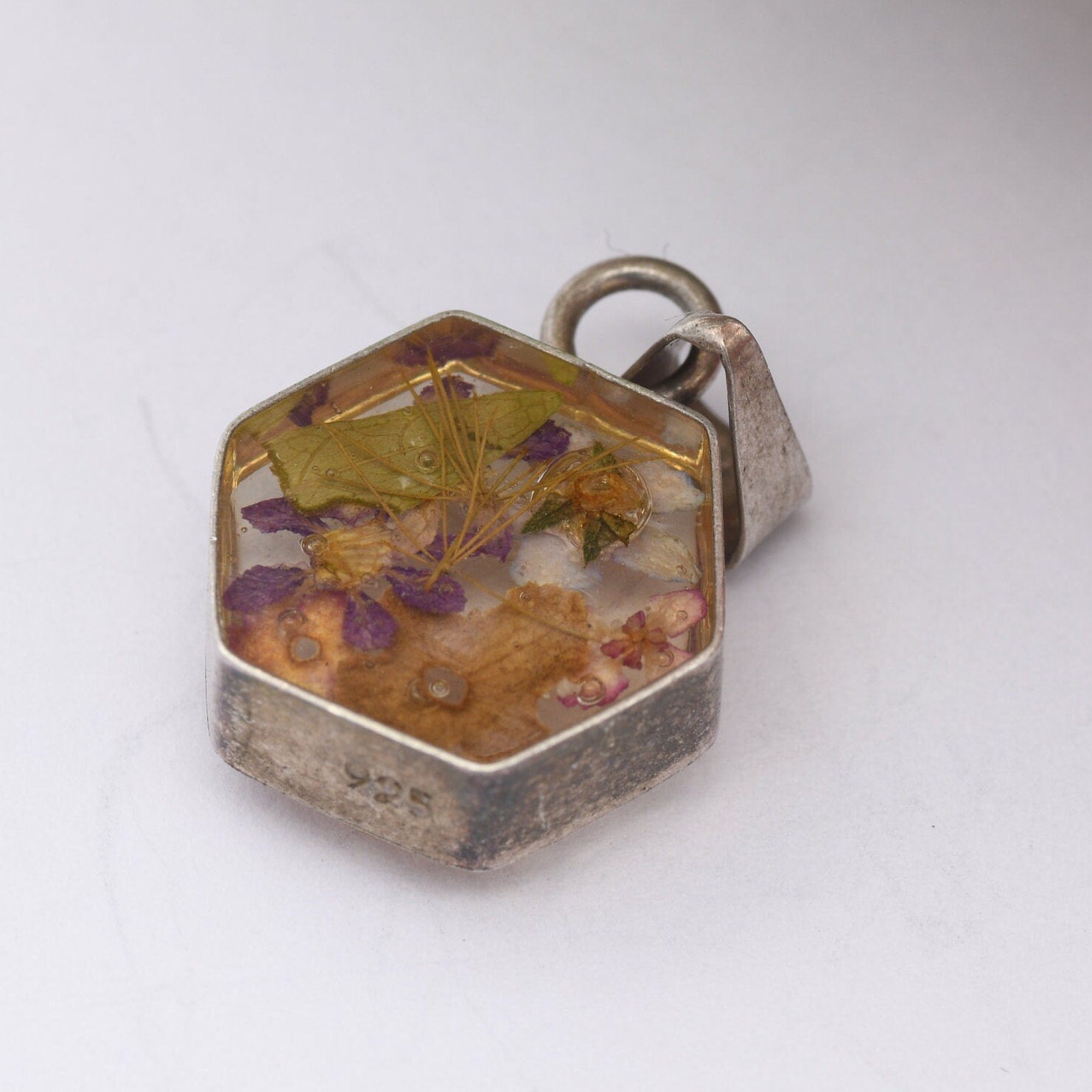 Sterling Silver Dried Flower Pendant - Real Flowers | Hexagonal Shape