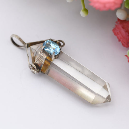 Vintage Crystal Gemstone Pendant - Clear Crystal Glass | Blue Stone | Faceted | Silver Tone Bale Mount