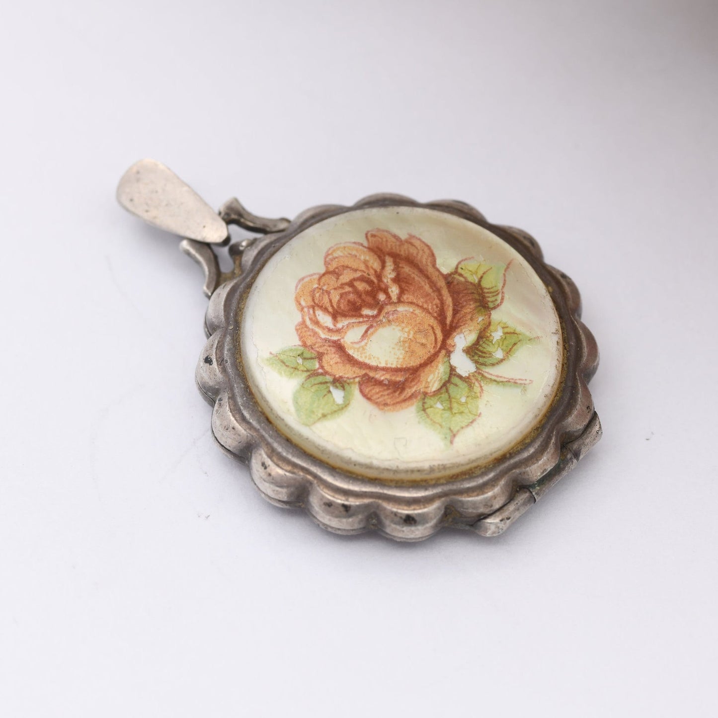 Vintage Sterling Silver Locket Pendant with Mother of Pearl Rose Flower Pattern - Pretty Little Silver Locket