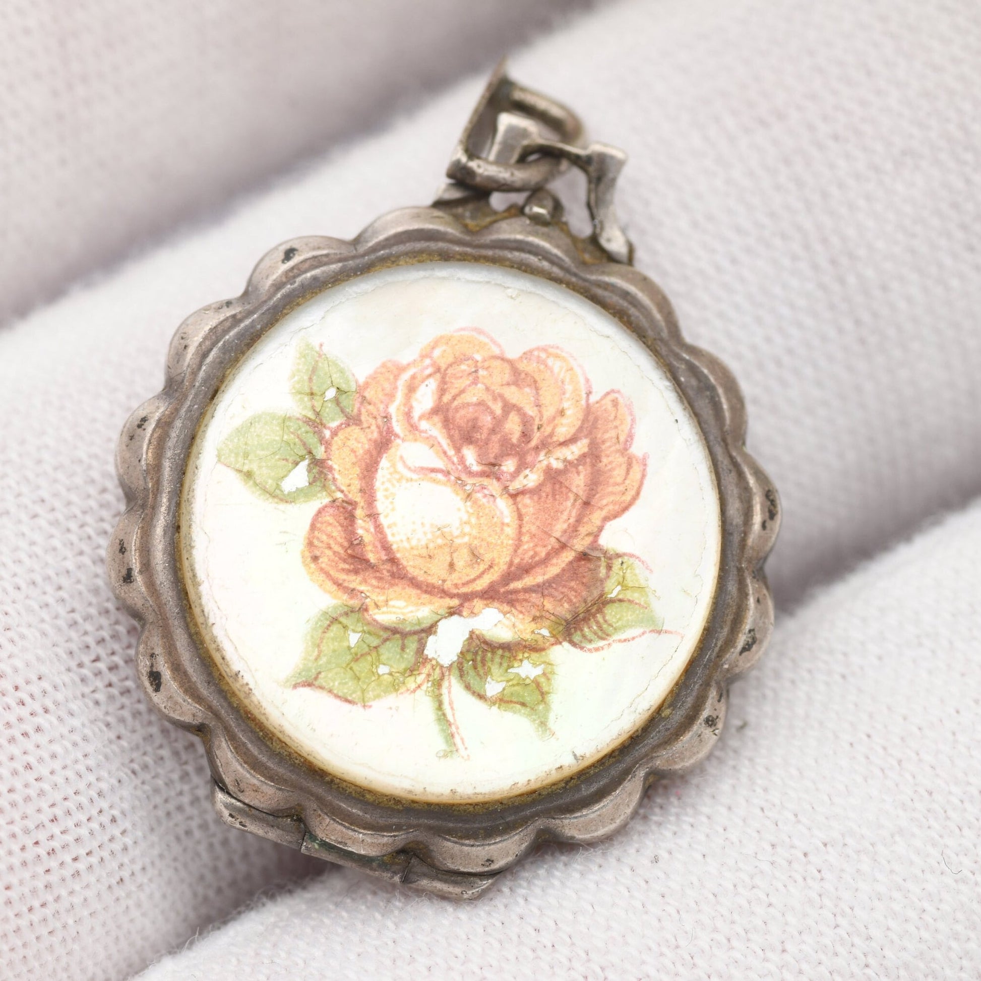 Vintage Sterling Silver Locket Pendant with Mother of Pearl Rose Flower Pattern - Pretty Little Silver Locket