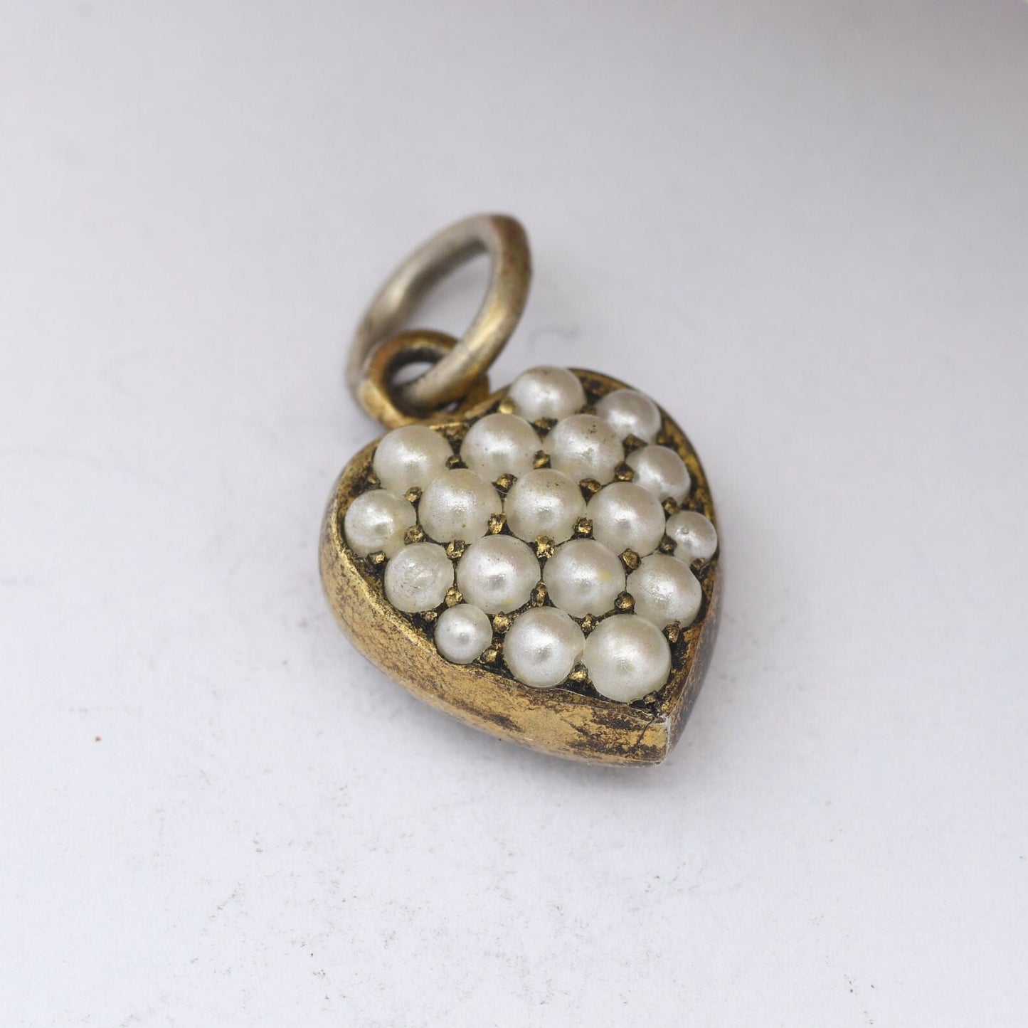 Antique Sterling Silver Heart Charm Pendant with Imitation Pearls