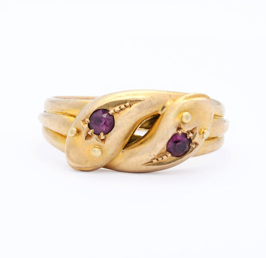 Antique 18ct Gold Garnet Snake Ring 1920 - Coiled Snake Band | Unusual Unisex Engagement | UK Size - Q | US Size - 8 1/4