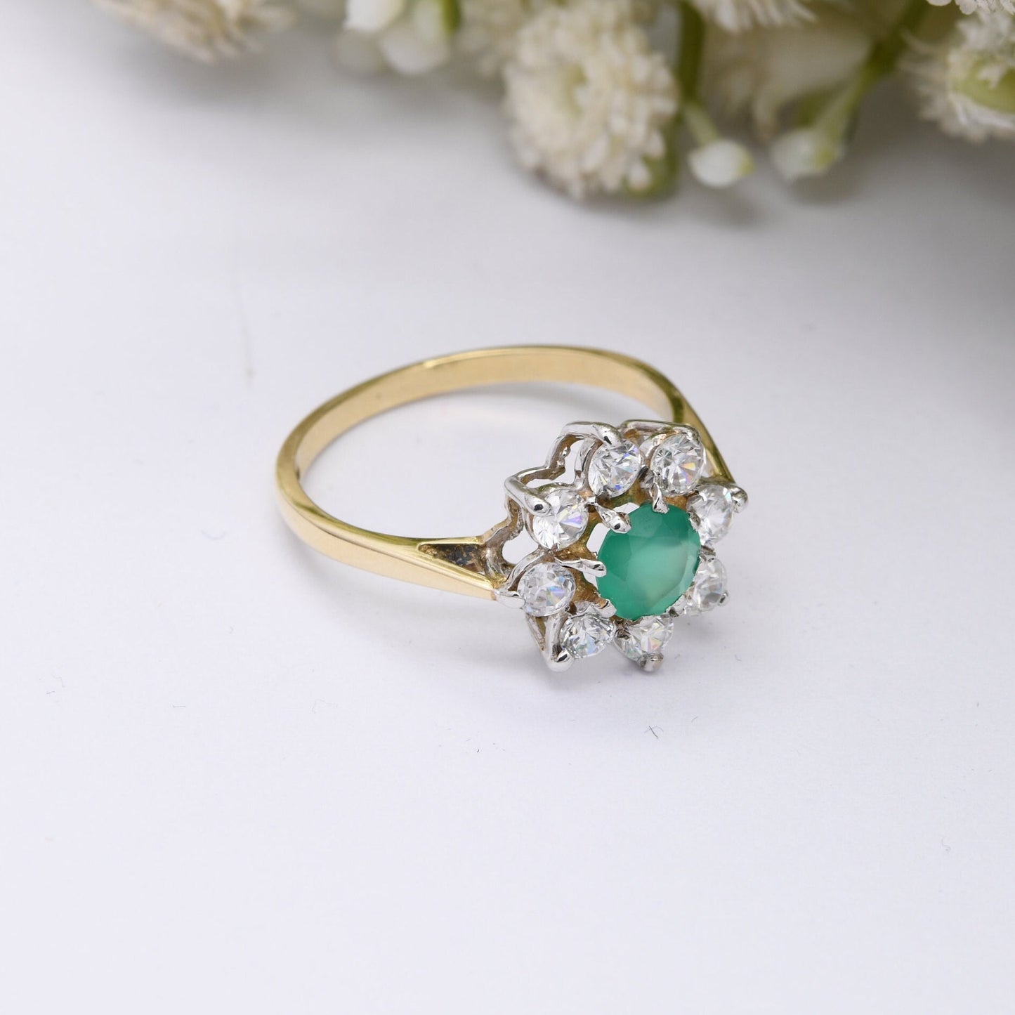 Vintage 9ct Gold Green Stone CZ Flower Cluster Ring 1992 - Cocktail Statement Ring | UK Size - P | US Size - 7 1/2