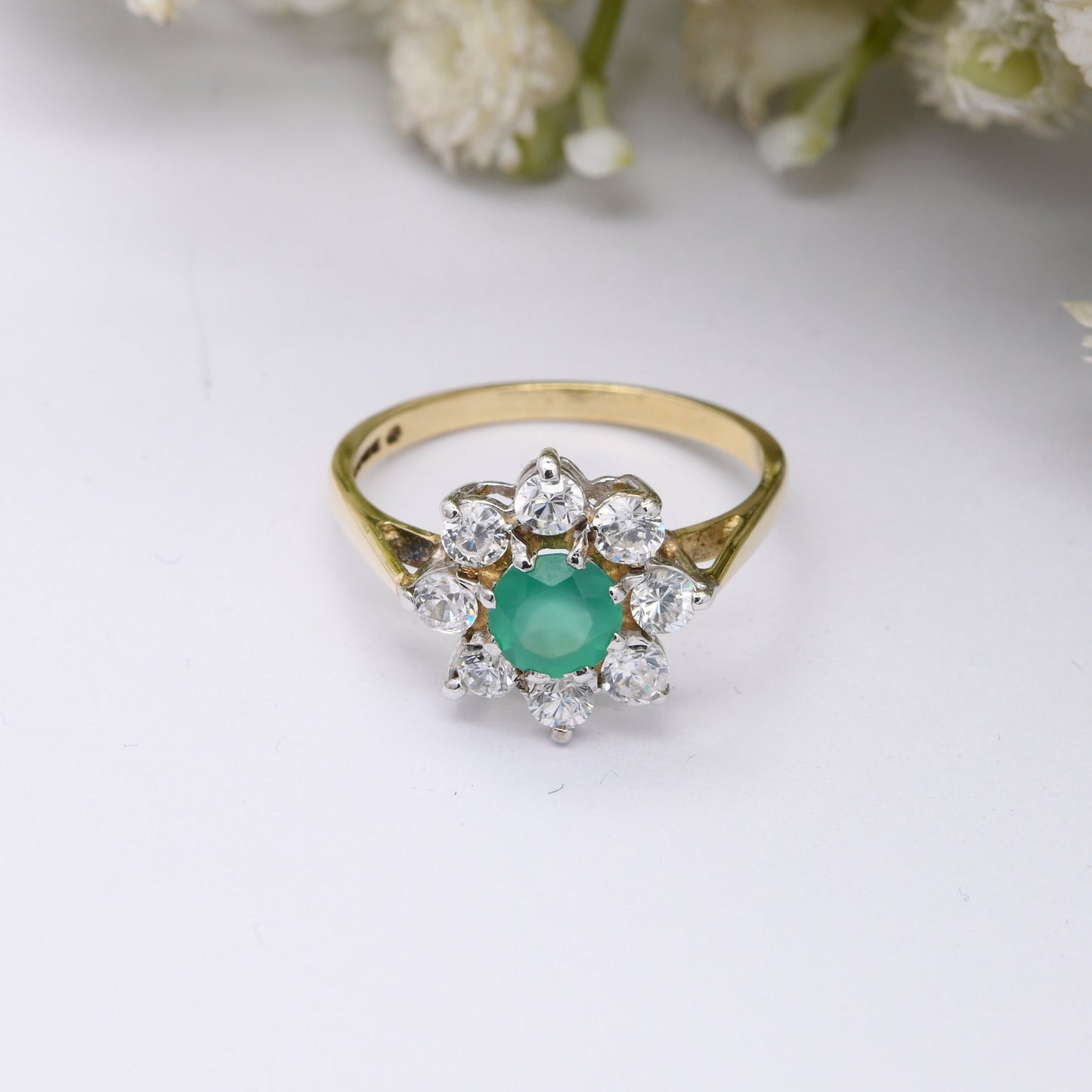 Vintage 9ct Gold Green Stone CZ Flower Cluster Ring 1992 - Cocktail Statement Ring | UK Size - P | US Size - 7 1/2