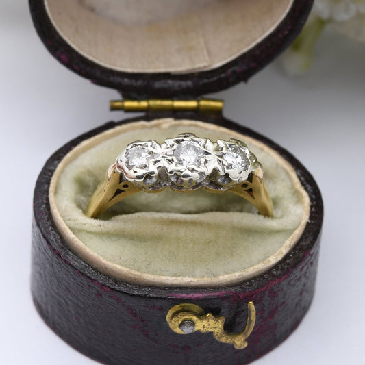 Vintage 9ct Gold Three Stone Diamond Ring - .25 Carats 25 Points | Illusion Set Engagement Ring | UK Size - N | US Size - 6 3/4