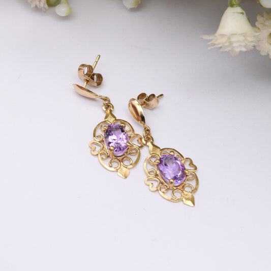 Vintage 9ct Gold Amethyst Drop Earrings with Ornate Openwork Design - Elegant Gold Jewellery