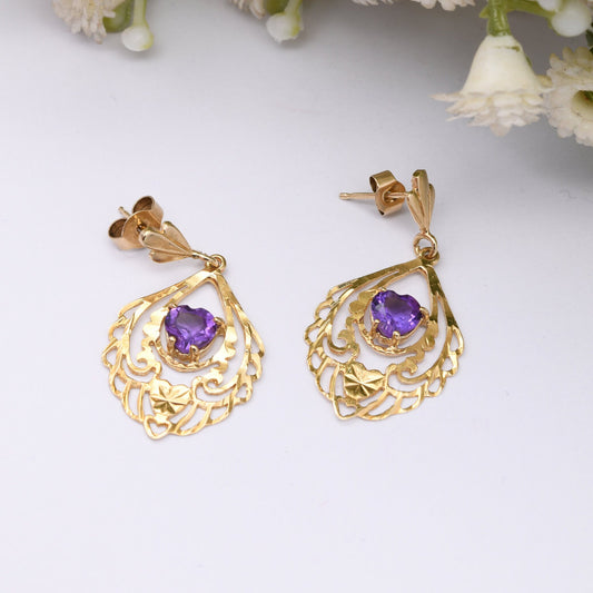 Vintage 9ct Gold Purple Heart Drop Earrings - Ornate Floral Openwork | Statement Gold Earrings