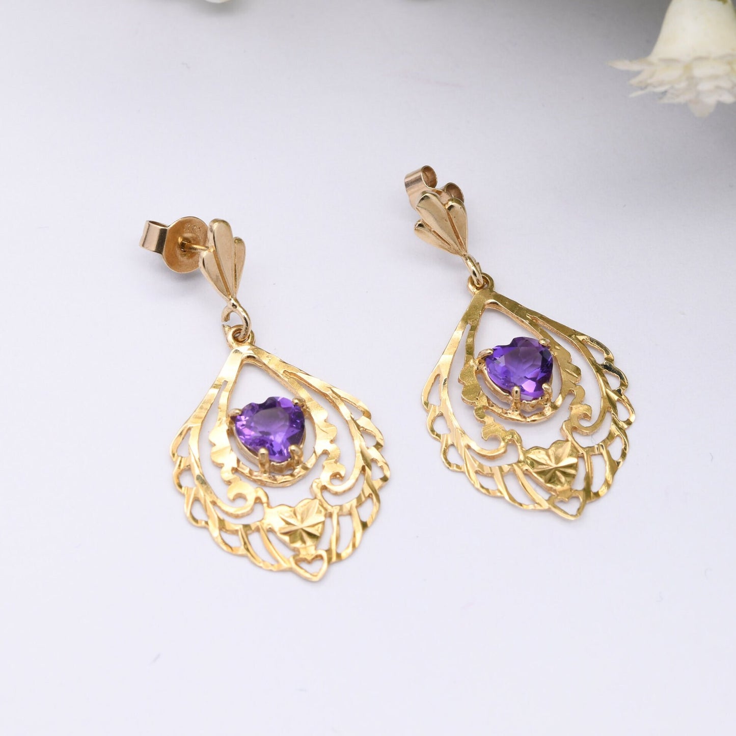 Vintage 9ct Gold Purple Heart Drop Earrings - Ornate Floral Openwork | Statement Gold Earrings