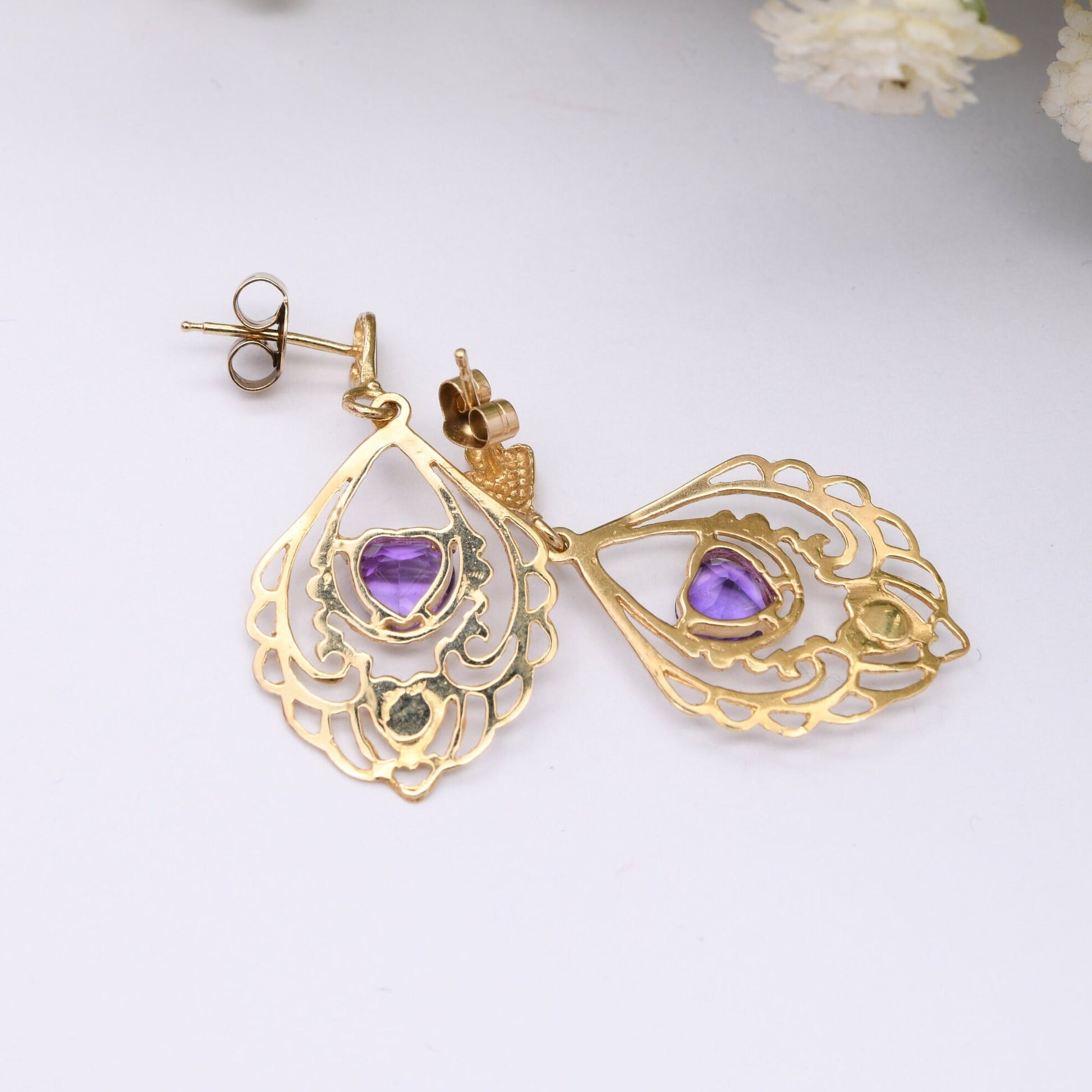 Vintage 9ct Gold Purple Heart Drop Earrings - Ornate Floral Openwork | Statement Gold Earrings