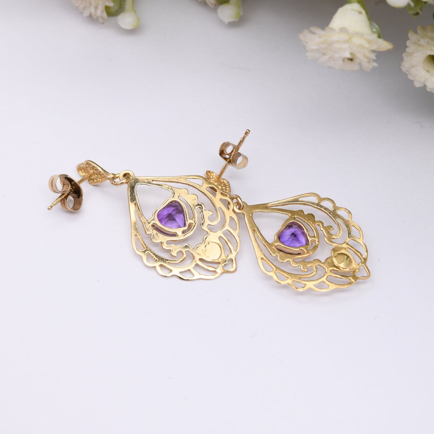 Vintage 9ct Gold Purple Heart Drop Earrings - Ornate Floral Openwork | Statement Gold Earrings