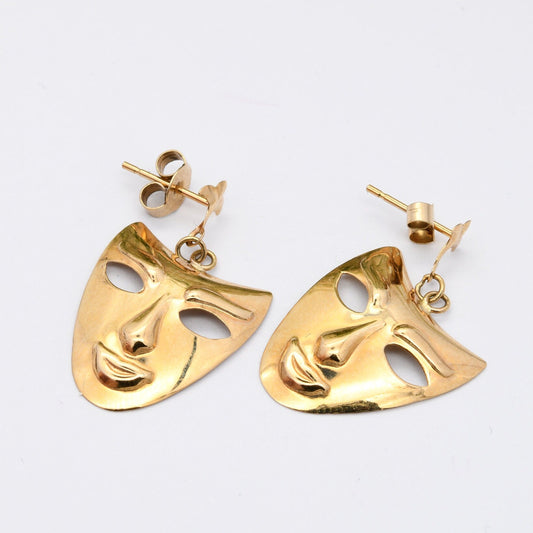 Vintage 9ct Gold Face Mask Drop Earrings - Theatre Mask Symbol | Venice Mask | Yellow Gold | Fun Earrings