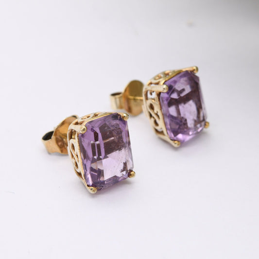 Vintage 9ct Gold Amethyst Stud Earrings 1992 - Chunky Purple Gemstone Rectangular Studs | Butterfly Backs | Ornate Setting