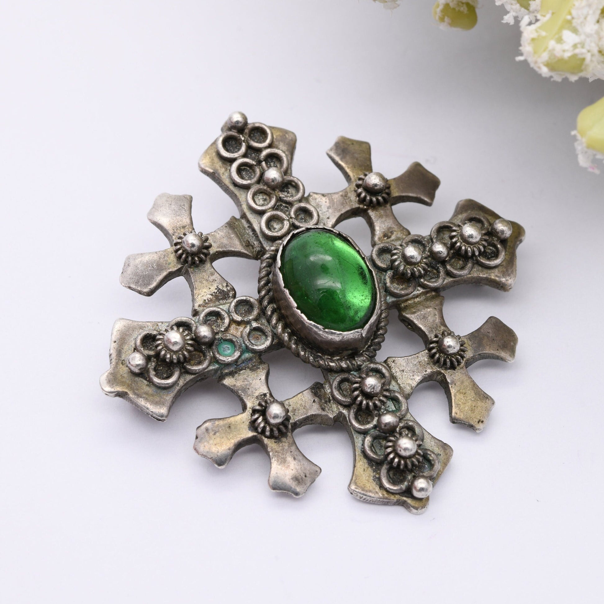 Vintage Jerusalem Cross Brooch Pendant with Green Glass Stone