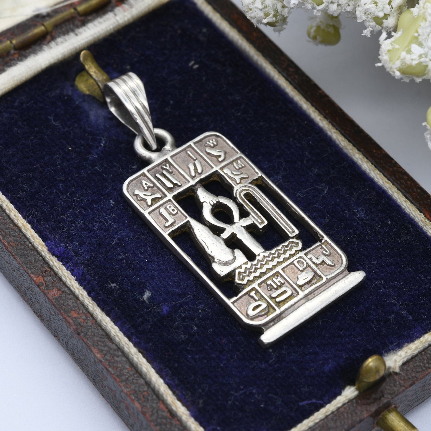 Vintage Egyptian Silver Cartouche Pendant with Hieroglyphs and Ankh