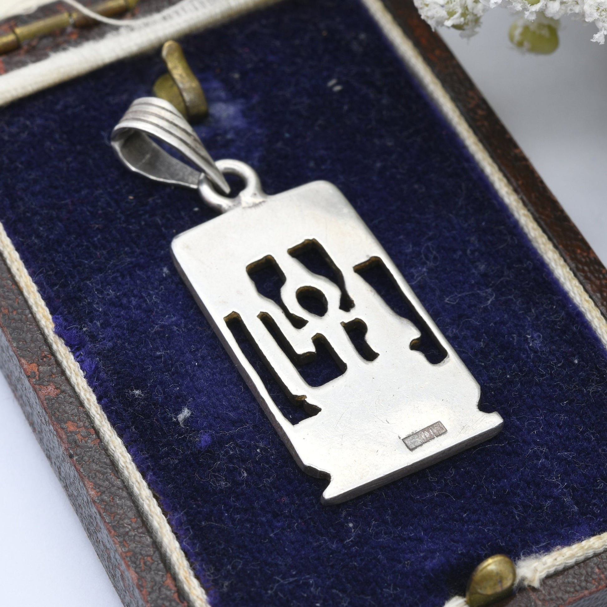 Vintage Egyptian Silver Cartouche Pendant with Hieroglyphs and Ankh