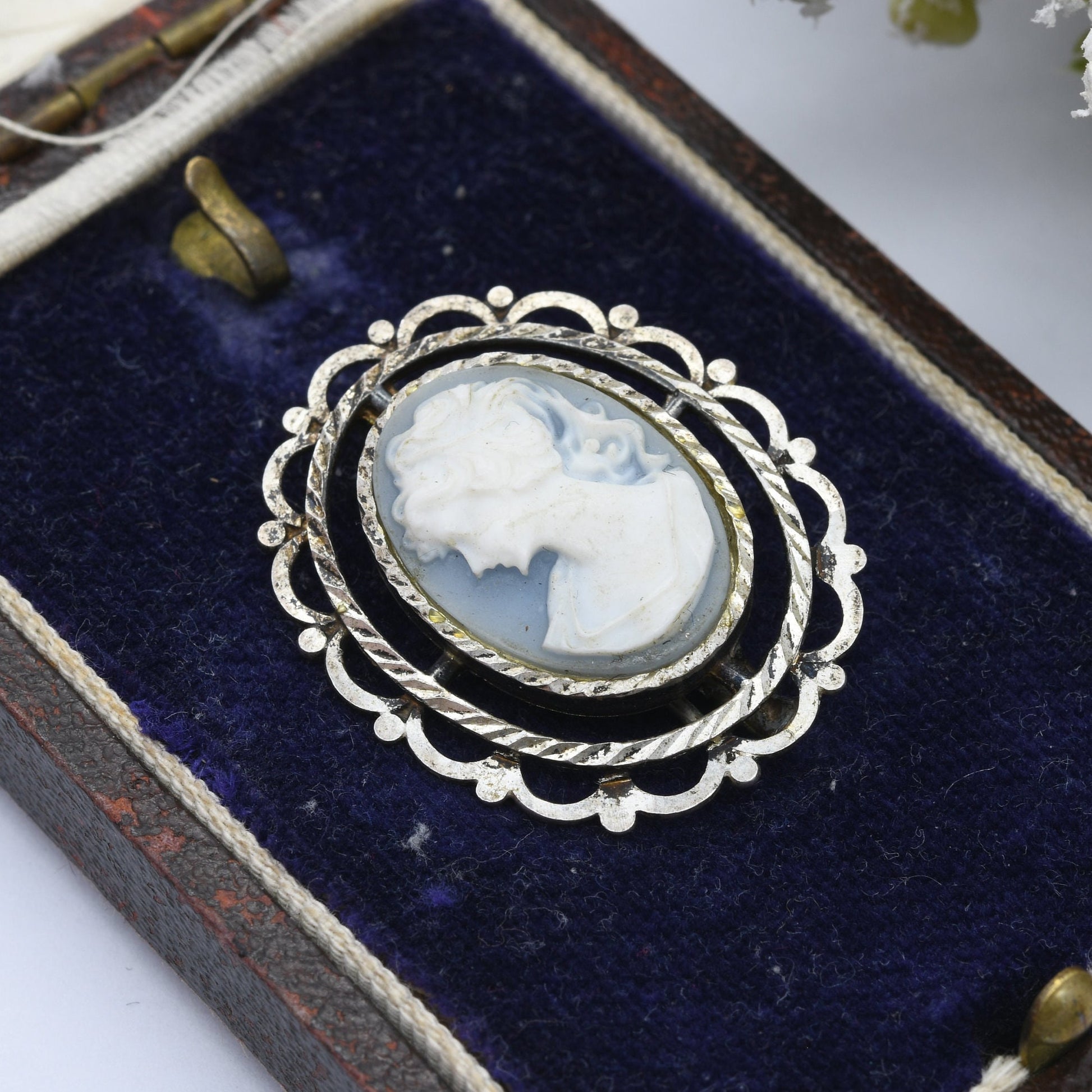 Vintage Sterling Silver Cameo Brooch with Early Plastic Blue Faux Cameo