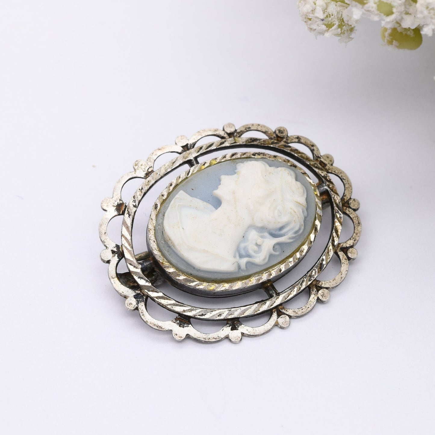 Vintage Sterling Silver Cameo Brooch with Early Plastic Blue Faux Cameo