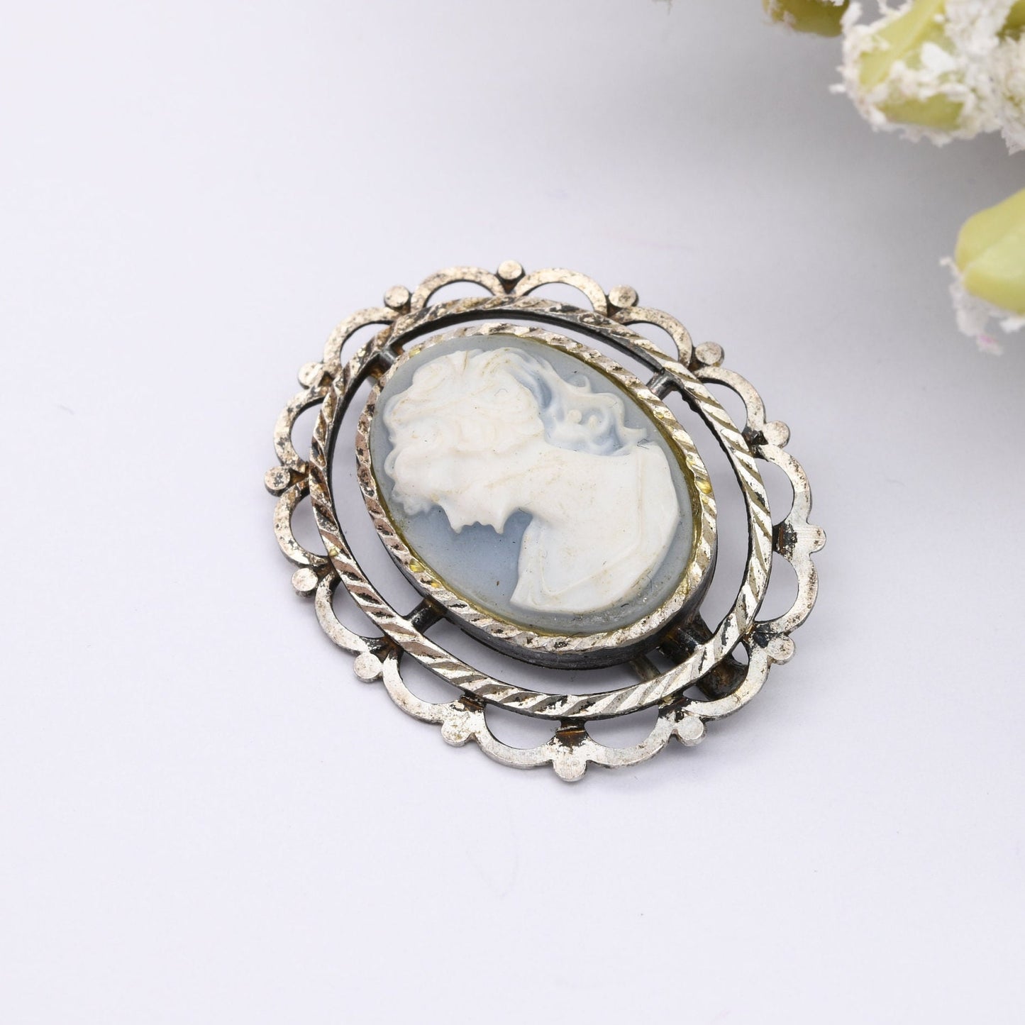 Vintage Sterling Silver Cameo Brooch with Early Plastic Blue Faux Cameo