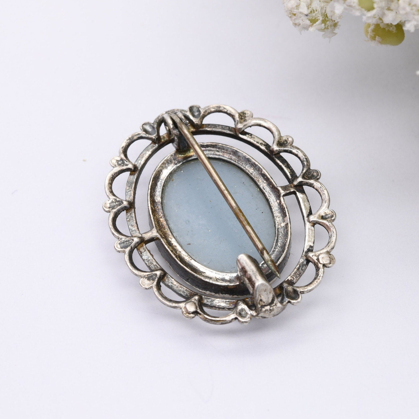 Vintage Sterling Silver Cameo Brooch with Early Plastic Blue Faux Cameo