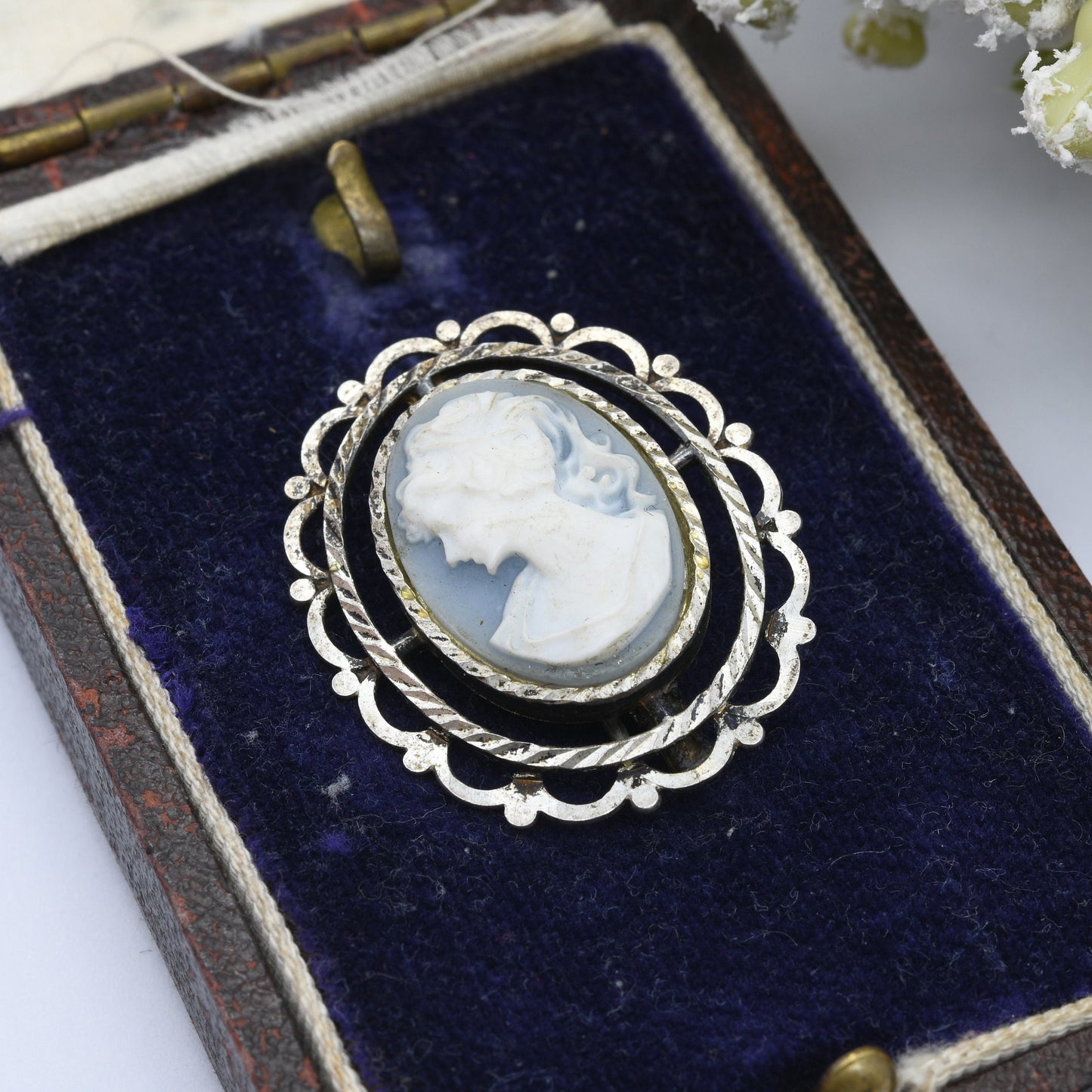 Vintage Sterling Silver Cameo Brooch with Early Plastic Blue Faux Cameo