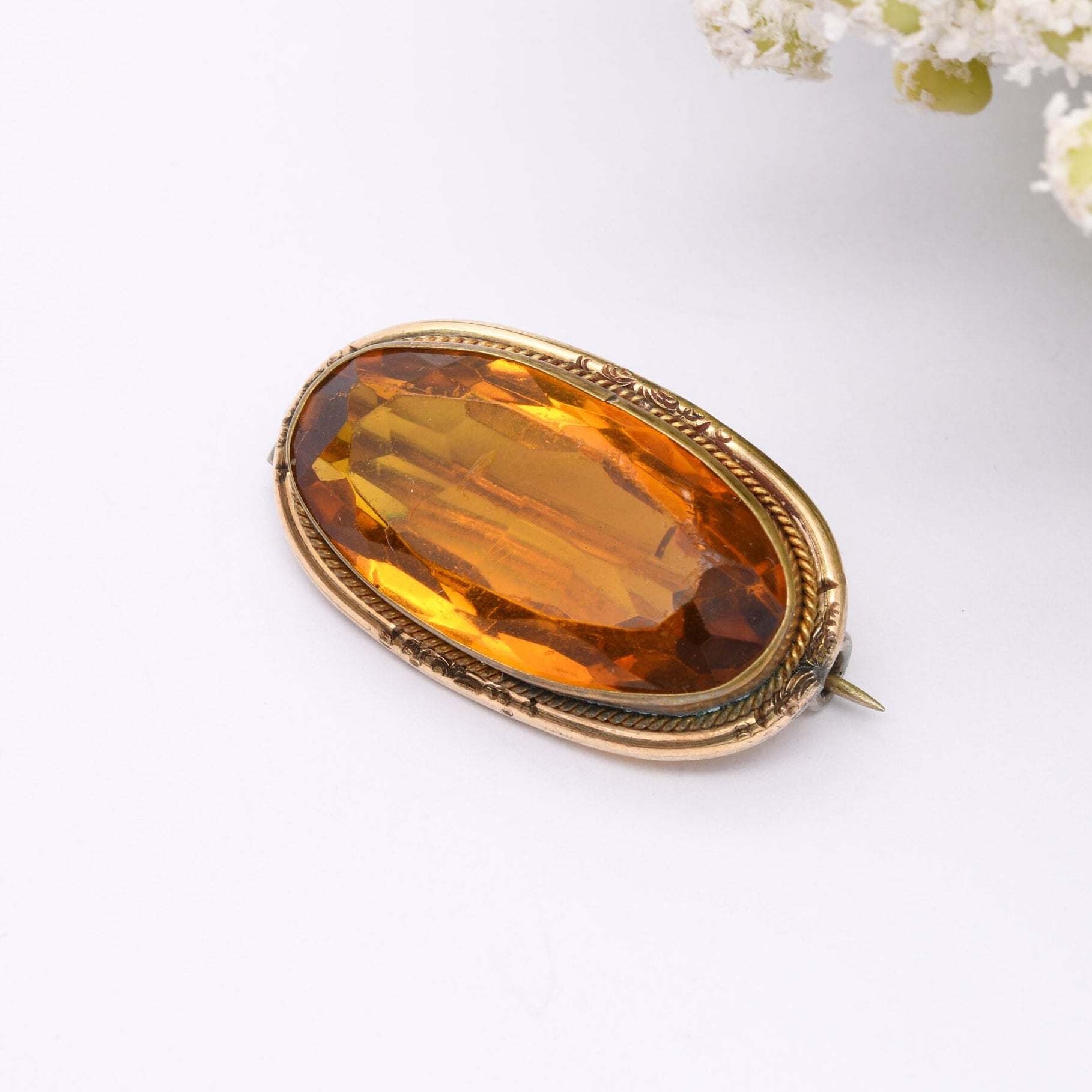 Antique Rolled Gold and Orange Stone Brooch