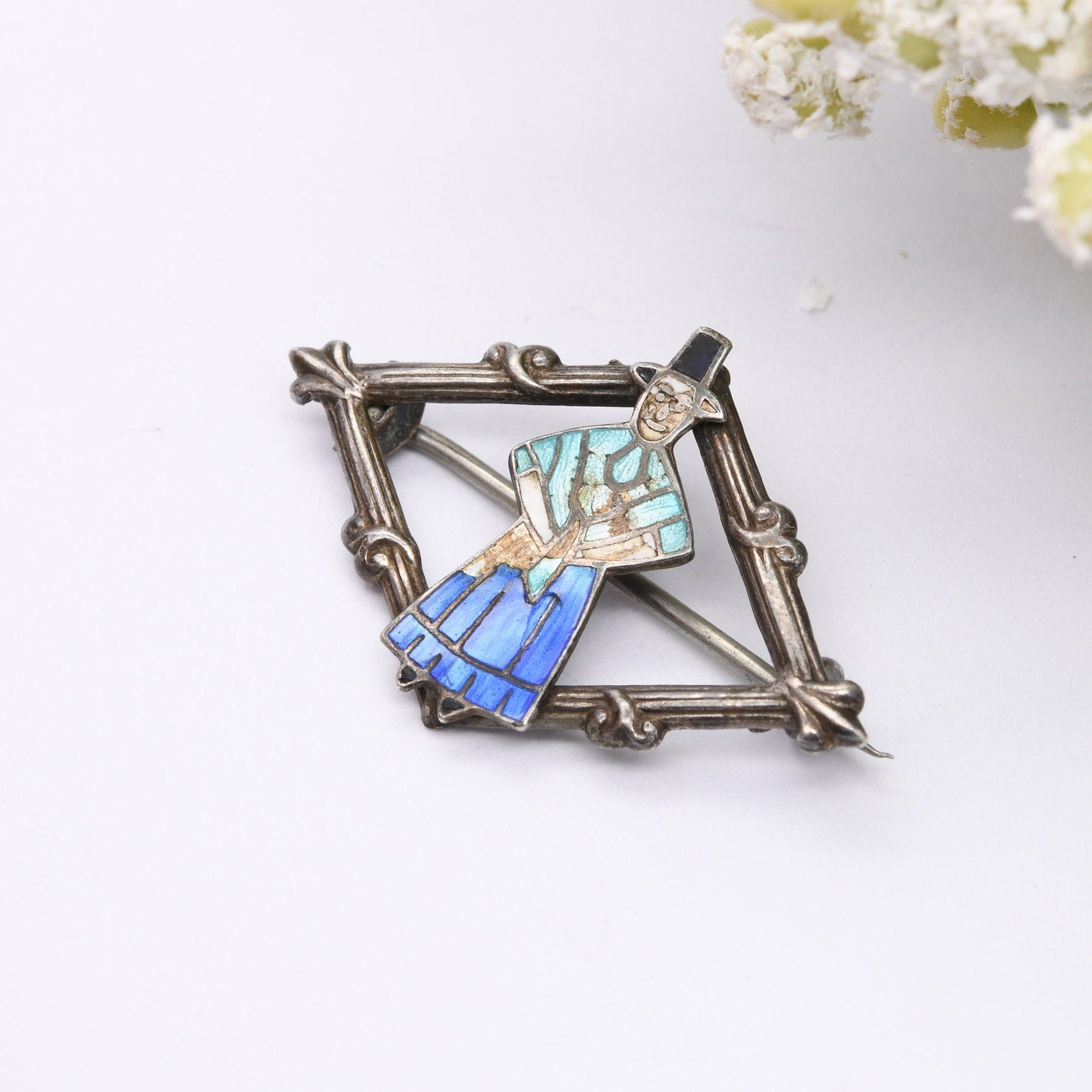 Antique Sterling Silver Enamel Welsh Girl Brooch 1912