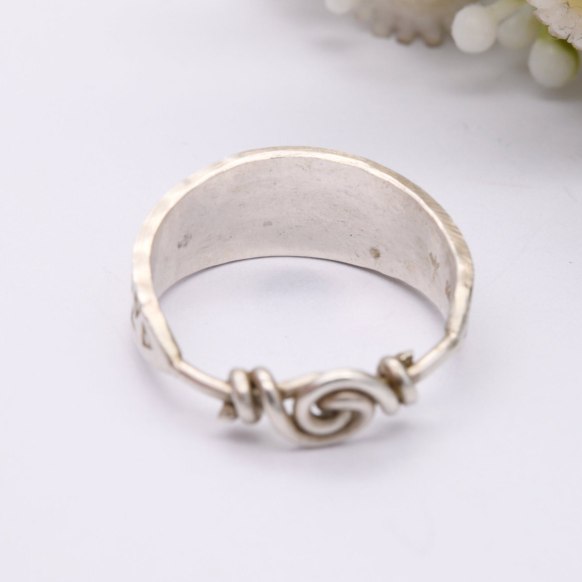 Unusual Vintage Sterling Silver Rune Ring - Chi Rho Symbol Engraved | Twisted Band Wirework | Unisex | UK Size - Q | US Size - 8