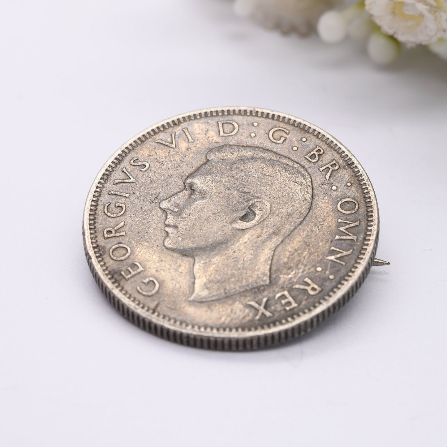 Vintage Silver Two Shillings Coin Brooch 1940 King George VI - King's Head Jewellery