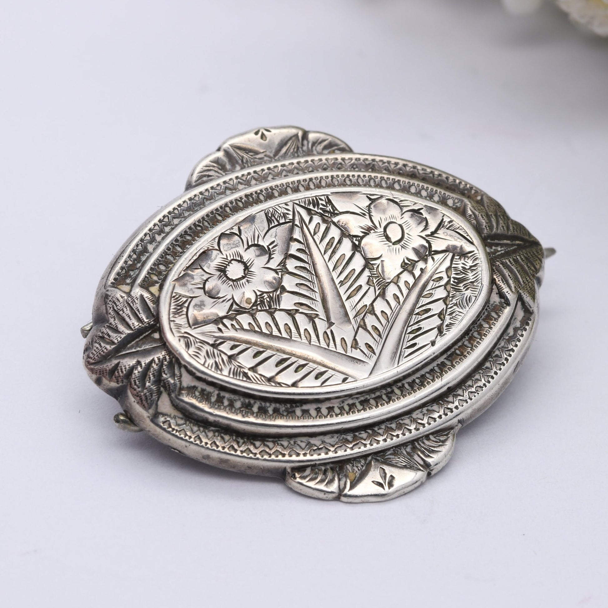 Antique Victorian Sterling Silver Brooch Aesthetic Movement Engraving - Oval Leaf Flower Brooch