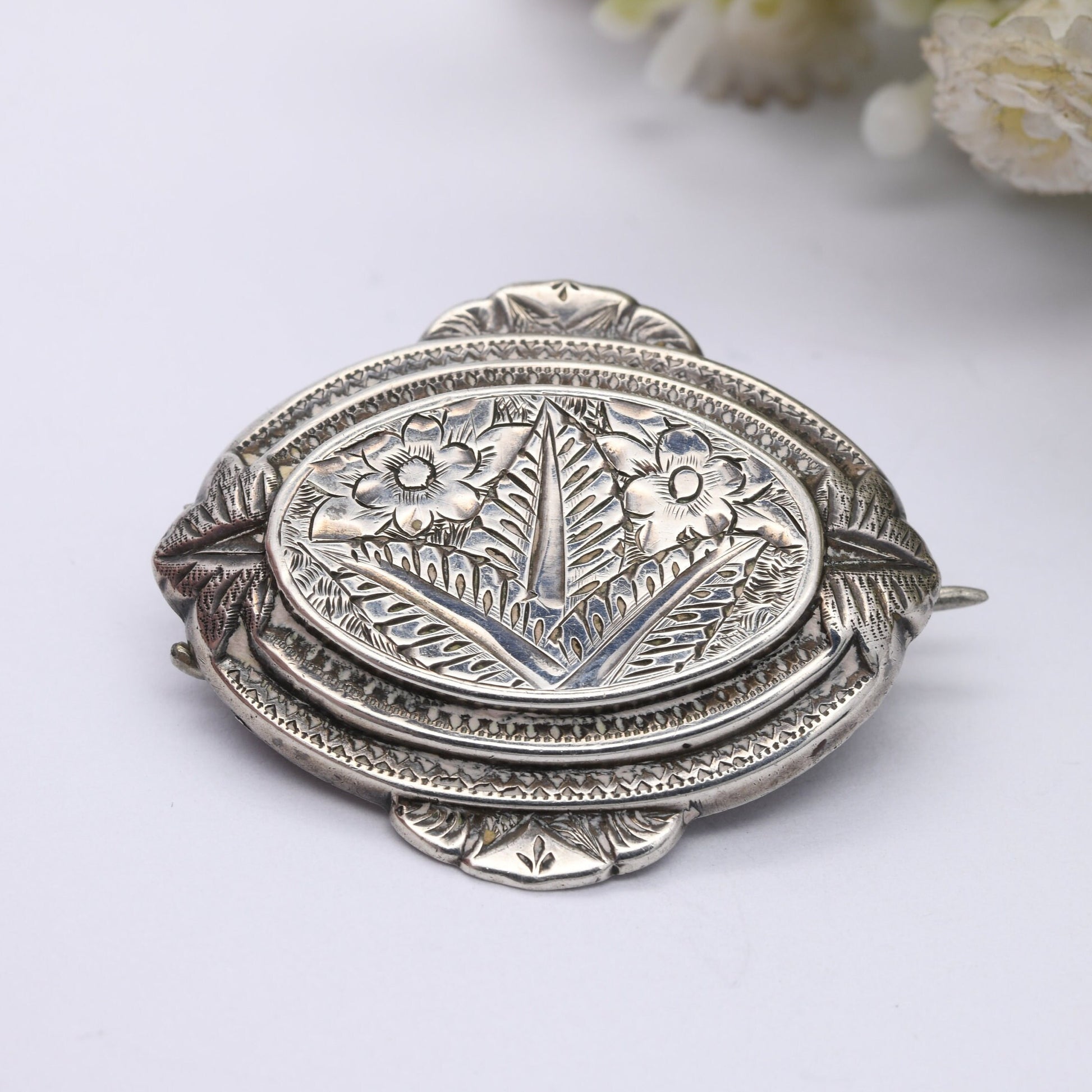 Antique Victorian Sterling Silver Brooch Aesthetic Movement Engraving - Oval Leaf Flower Brooch