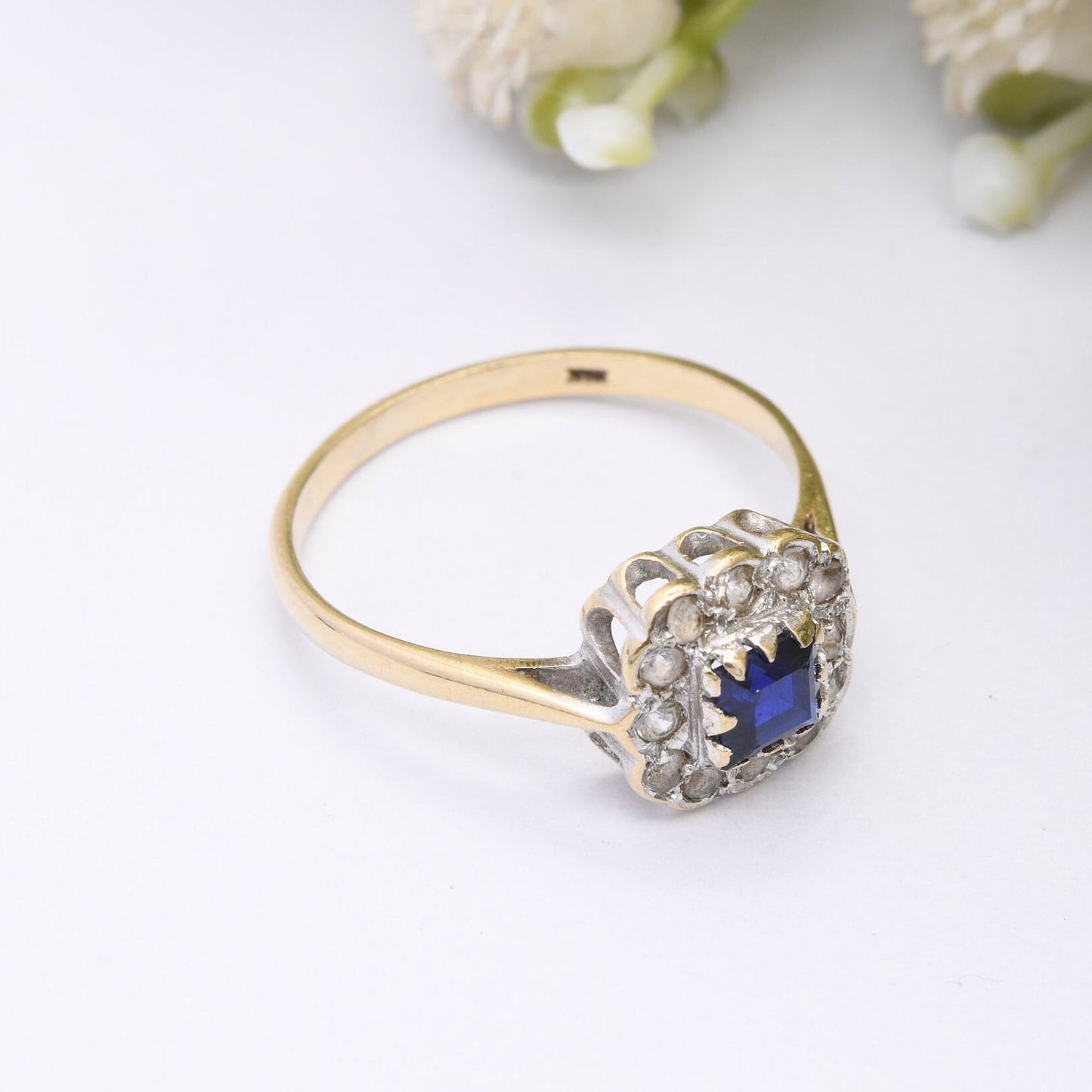 Vintage 9ct Gold Paste Blue and Clear Stone Halo Cluster Ring 1966 - Cocktail Statement Ring | UK Size - M | US Size - 6 1/4