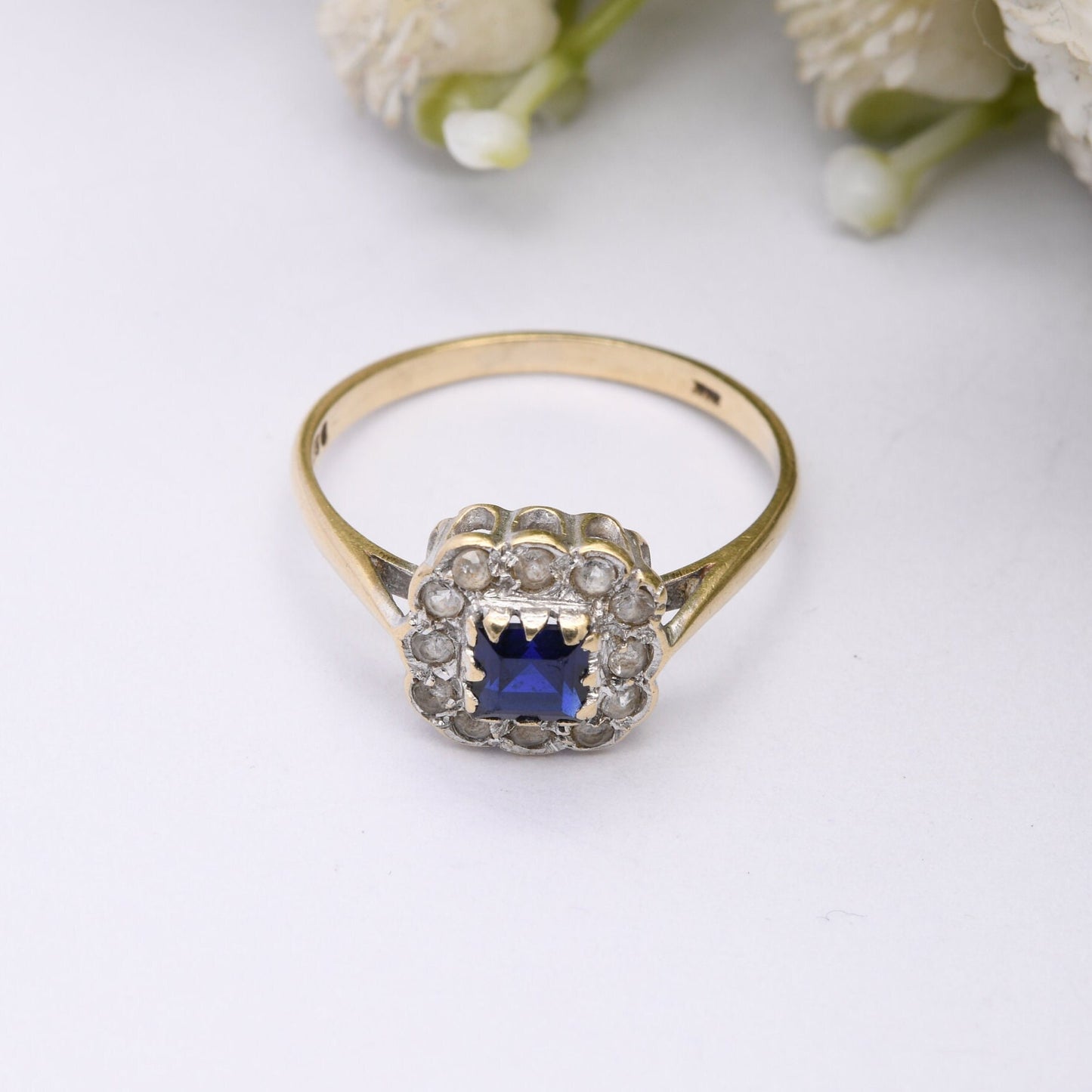 Vintage 9ct Gold Paste Blue and Clear Stone Halo Cluster Ring 1966 - Cocktail Statement Ring | UK Size - M | US Size - 6 1/4