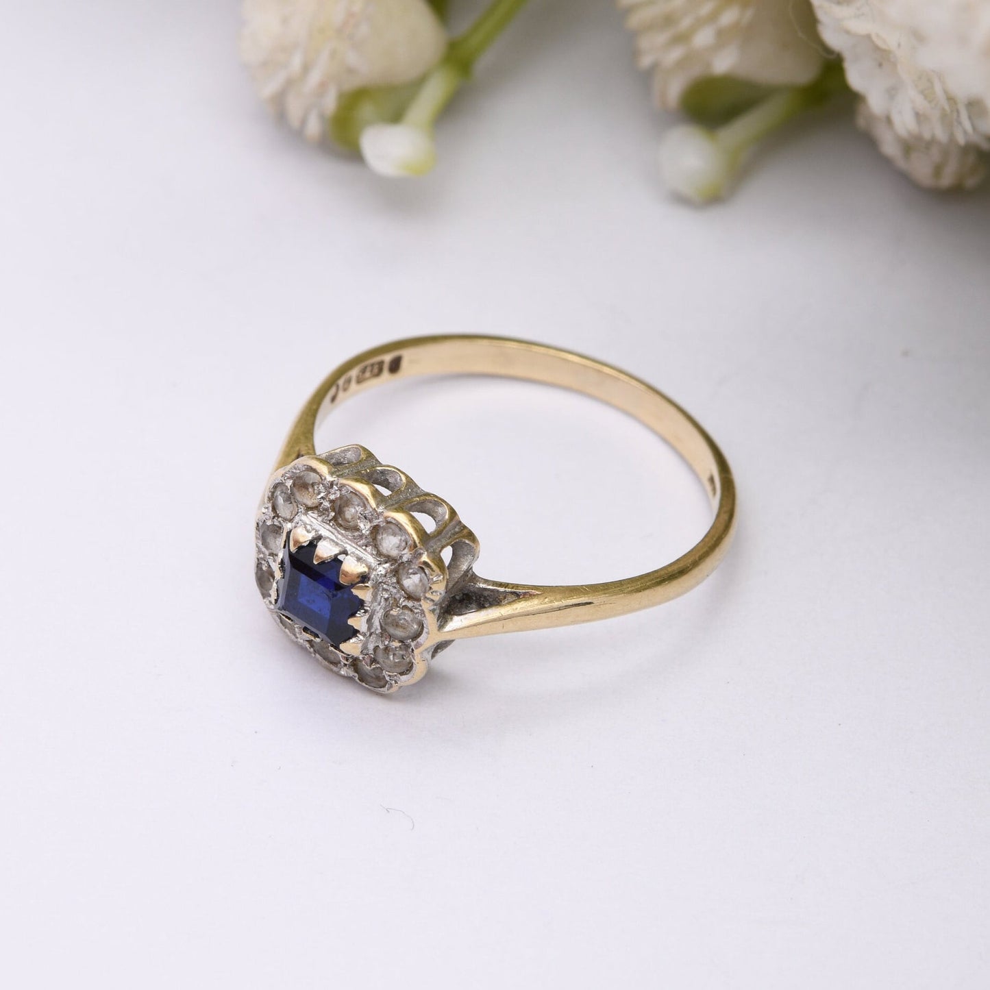 Vintage 9ct Gold Paste Blue and Clear Stone Halo Cluster Ring 1966 - Cocktail Statement Ring | UK Size - M | US Size - 6 1/4