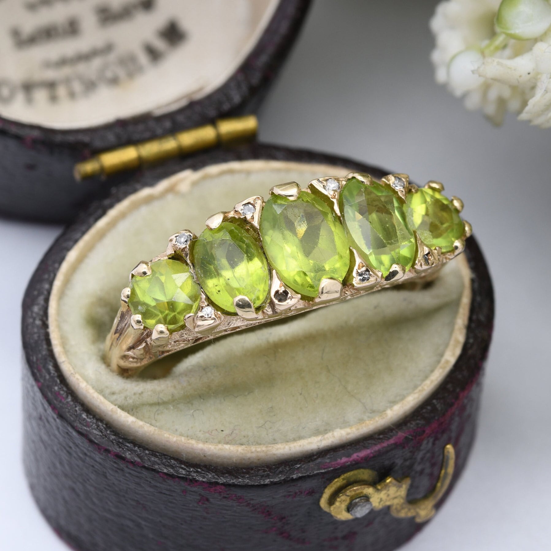 Vintage 9ct Gold Peridot Diamond Statement Ring - Five Stone Ring | Antique Style | UK Size - S | US Size - 9