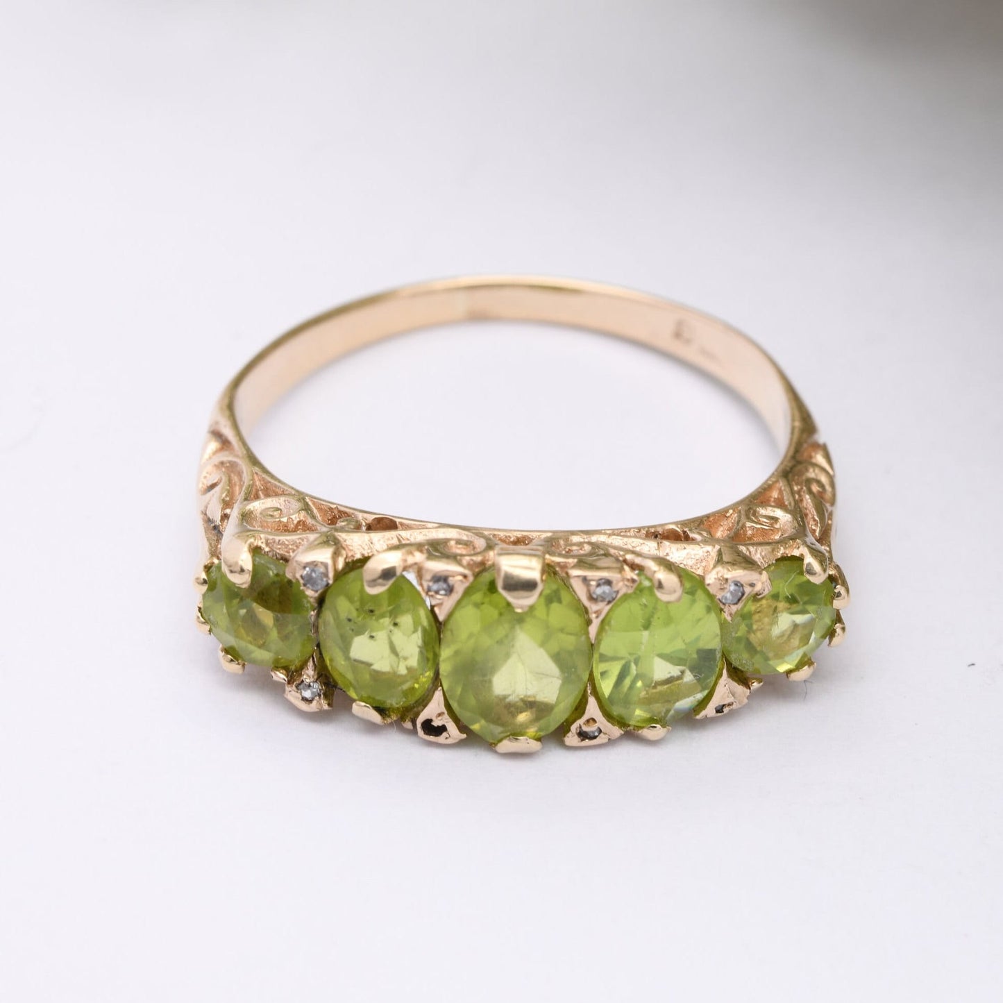 Vintage 9ct Gold Peridot Diamond Statement Ring - Five Stone Ring | Antique Style | UK Size - S | US Size - 9