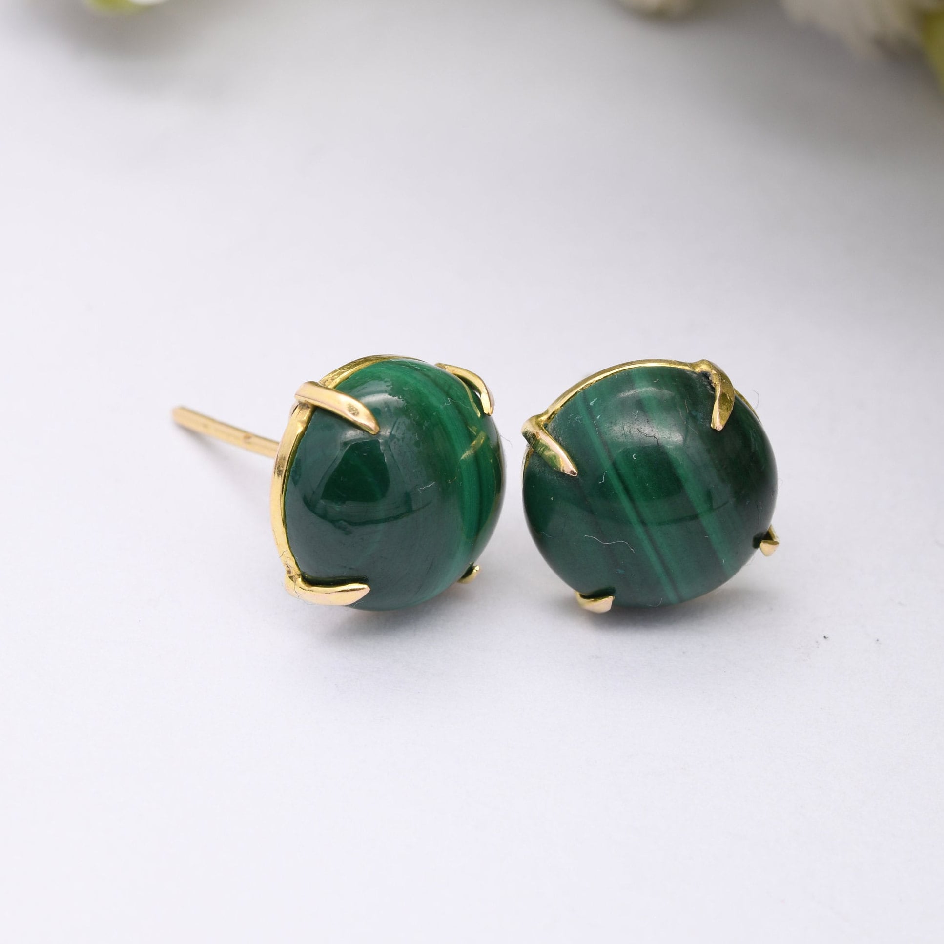 Vintage 9ct Gold Malachite Stud Earrings - Green Gemstone | May Birthstone | Cabochon Gems | Butterfly Back | Solid Gold