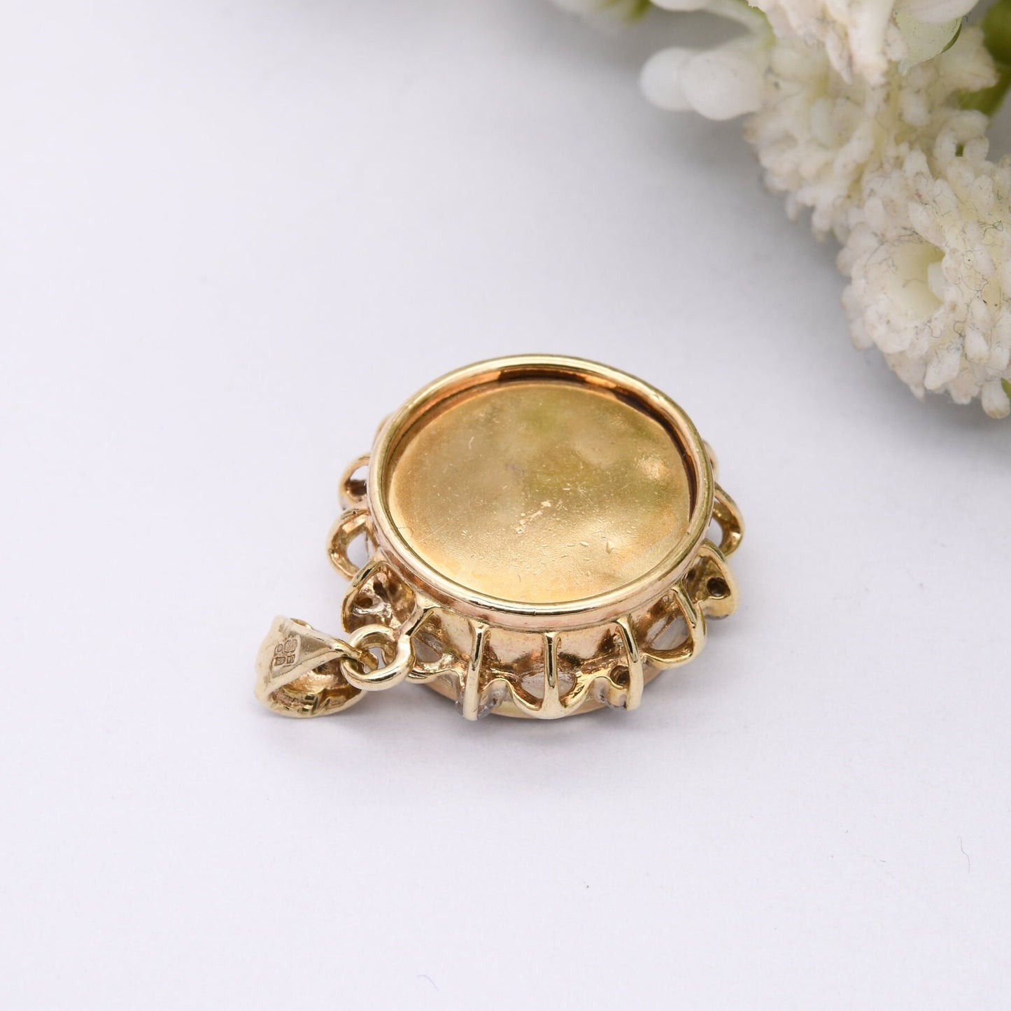 Vintage 9ct Gold Diamond Pendant with Star Spinner in Glass Mount - Star Wheel Fob Pendant